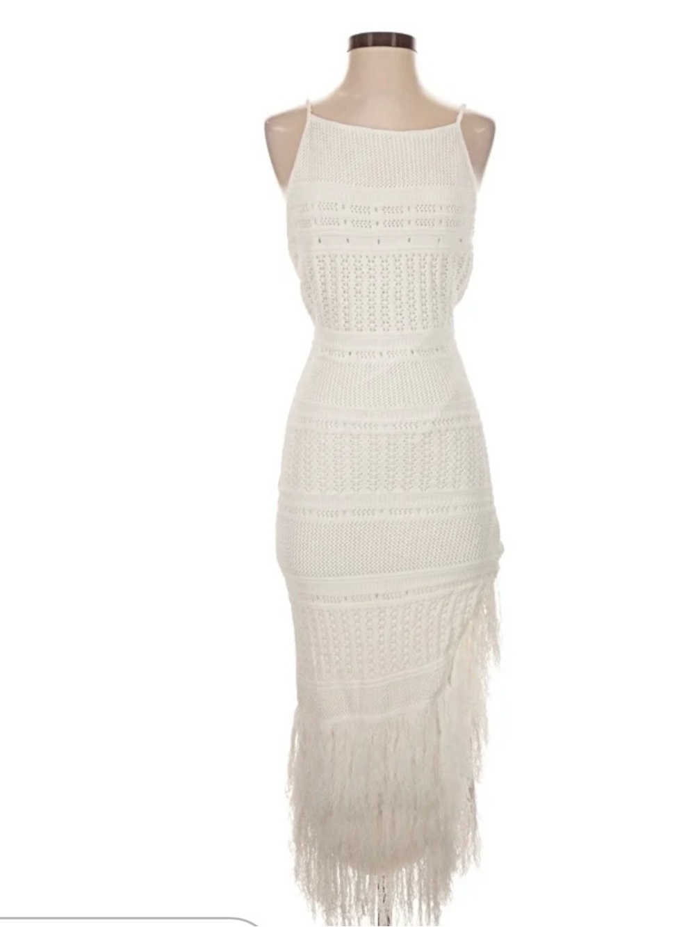 Ronny Kobo White Crochet Fringe Maxi Dress